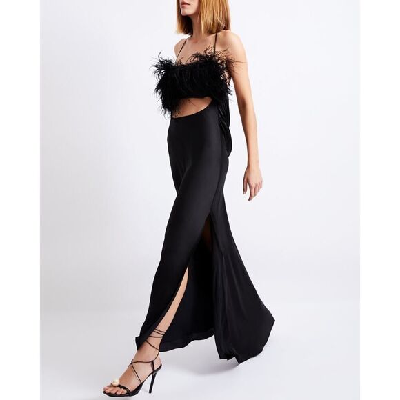 PatBo feather trim slip dress black US4 - Picture 1 of 13